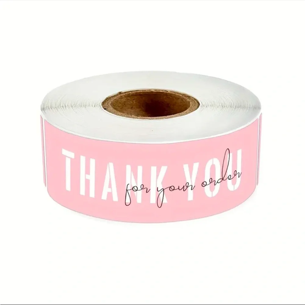 3-Pack Semi-Glossy Pulp Thank You Stickers, 120pcs/Roll, Pink Rectangle Shape
